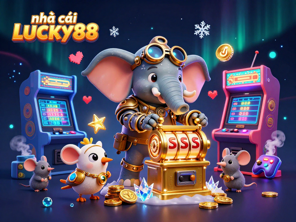 Lucky88 features a vibrant 3D illustration with a steampunk elephant engineer operating a golden slot machine, showcasing casino excitement.