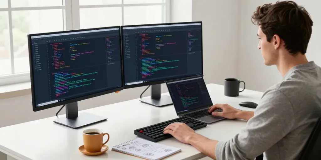Innovative coding workspace showcasing ggsoft development with dual monitors and tech tools.