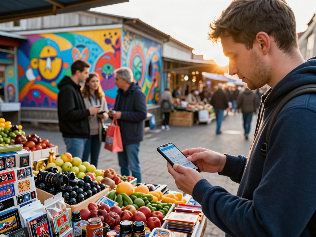 Pago en Rusia con la app https://payinrussia.com/ en un mercado local lleno de productos frescos y souvenirs.