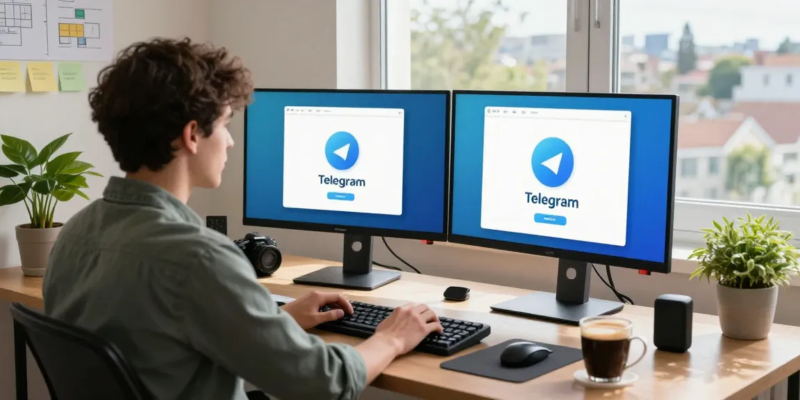 Developer using Telegram web version on dual monitors in a bright home office, showcasing productivity.