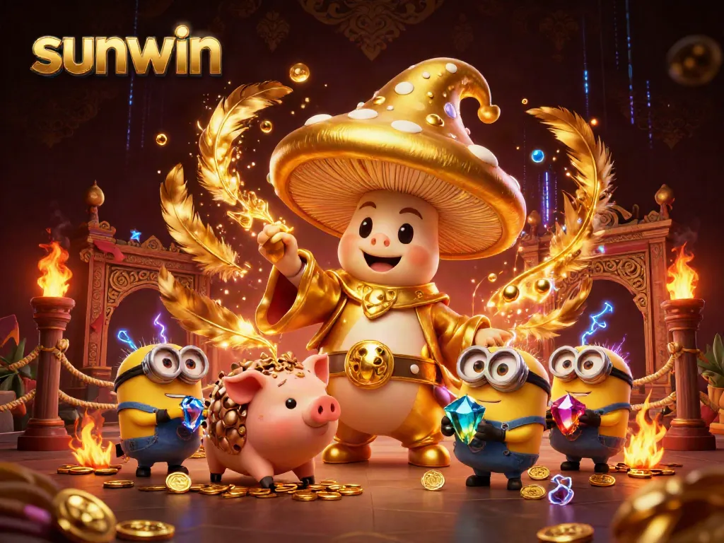 Engage with sunwin's magical treasures; a golden wizard and truffle pig in a vibrant casino scene.