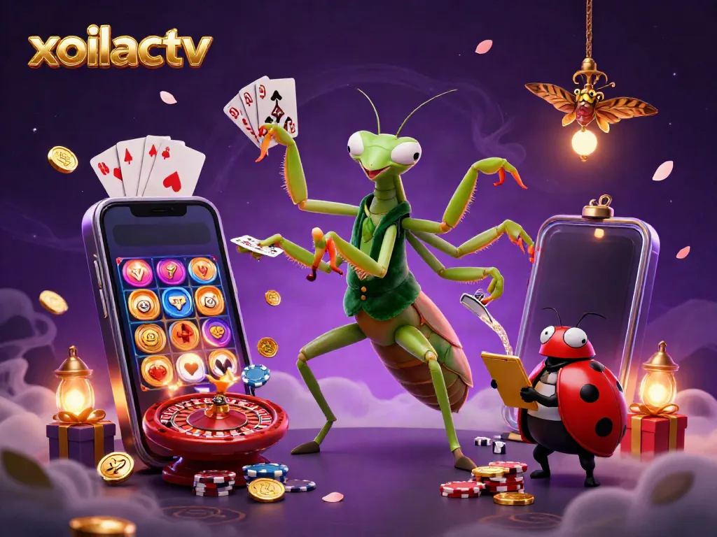 Xoilactv features a lively scene of a card sharp mantis and a ladybug pit boss in an engaging casino atmosphere.