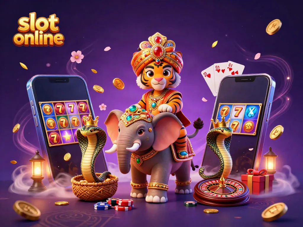 Experience the thrill of slot online with the sparkling scene featuring a maharaja tiger and vibrant elements.