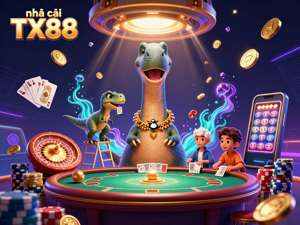 Embrace the excitement at nhà cái TX88 with a dynamic 3D casino scene showcasing our brontosaurus dealer