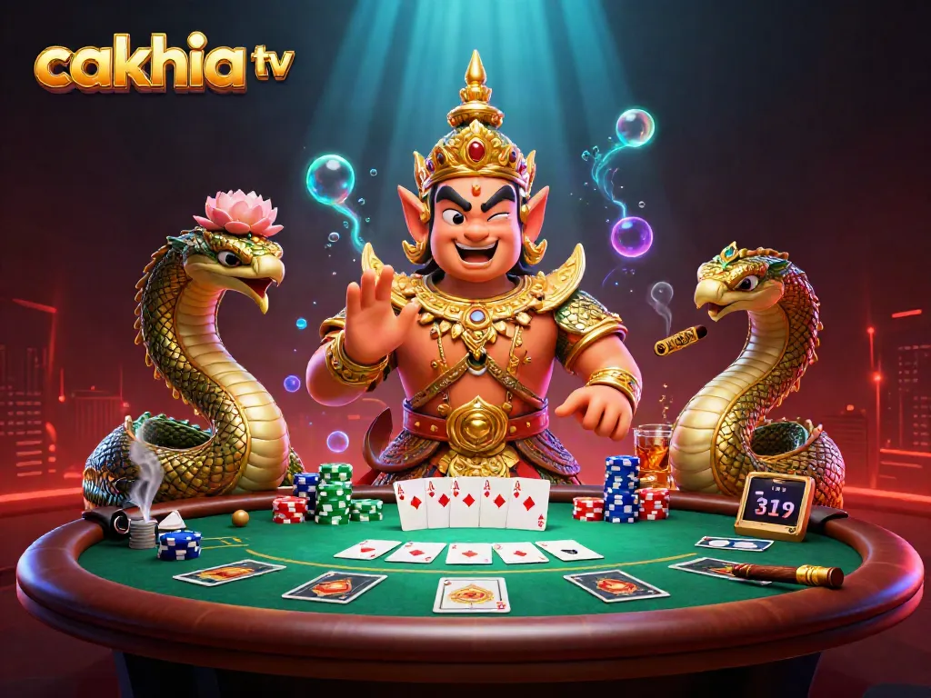 Cakhia TV showcases exciting poker gameplay with a vibrant 3D illustration featuring cartoon Thai guardians.
