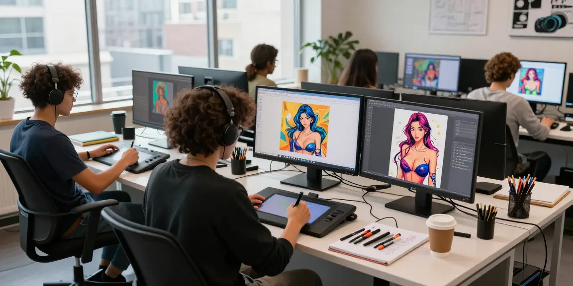 Artists creating AI hentai artwork in a vibrant digital studio