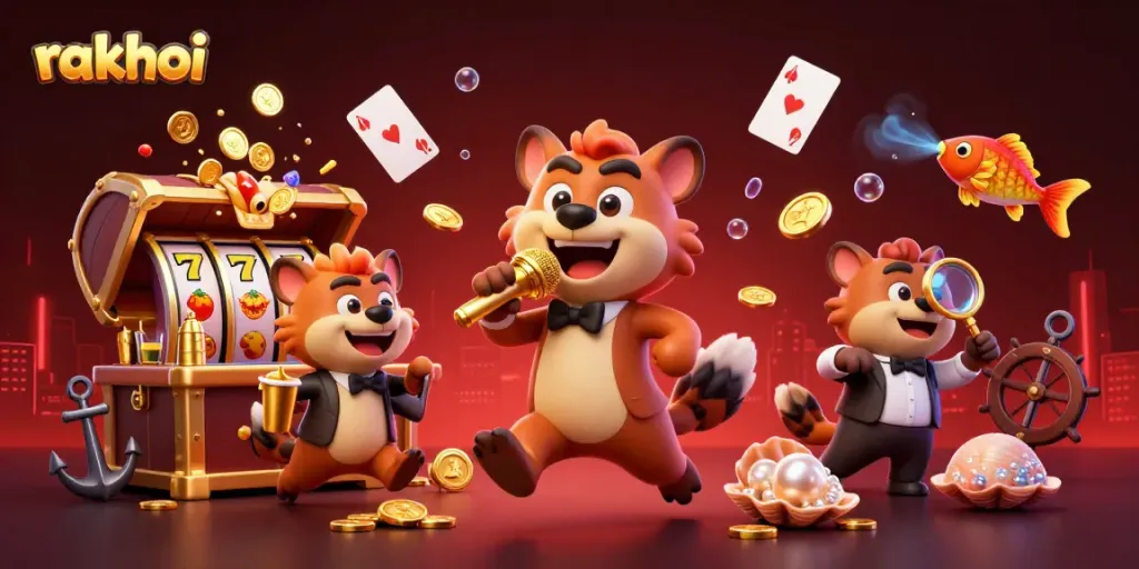 Experience the fun at Rakhoi with lively hyenas in a comedy casino club, showcasing rich gaming elements.