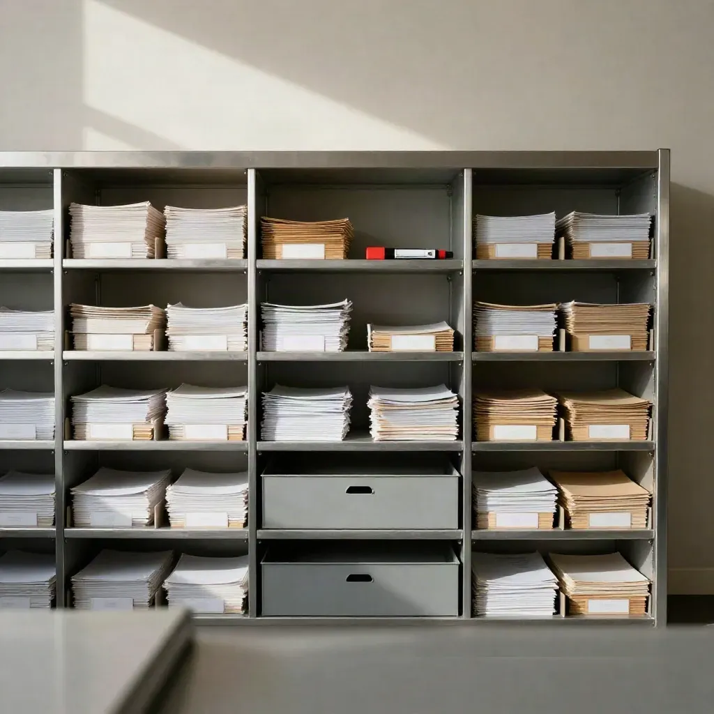 Organiserad posthylla med sorteringsfack och brev i ett lugnt kontor