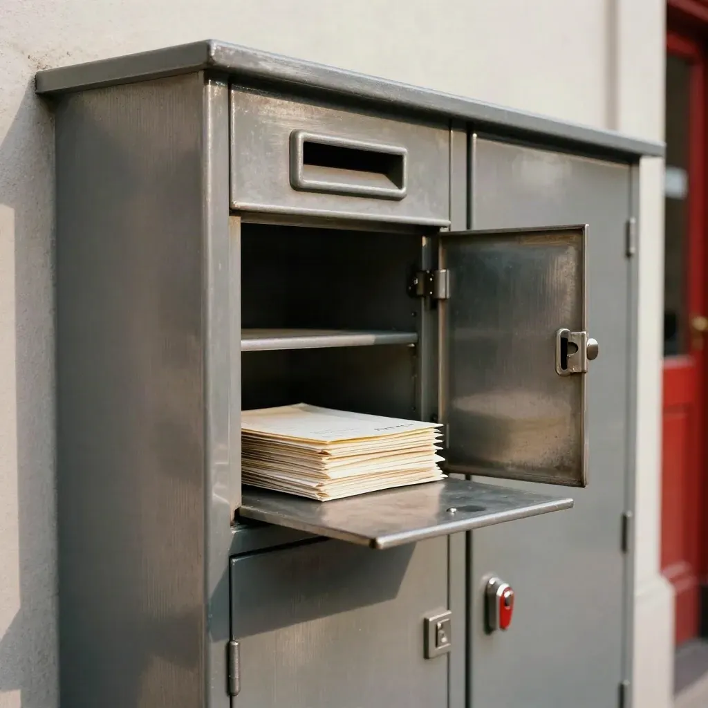 Öppna postboxar i metall med bunt av brev i en säker entré, sett snett underifrån.