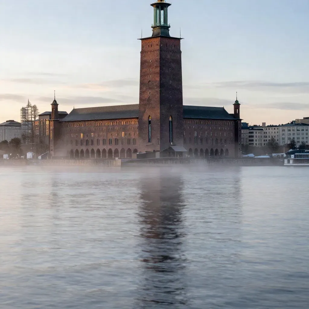 Stockholm City Hall högt i dimmig gryning över Riddarfjärden.