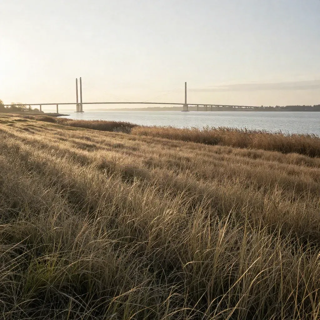 Skånes kust med åkrar, Öresundsbron i fjärran och mjukt gyllene kvällsljus
