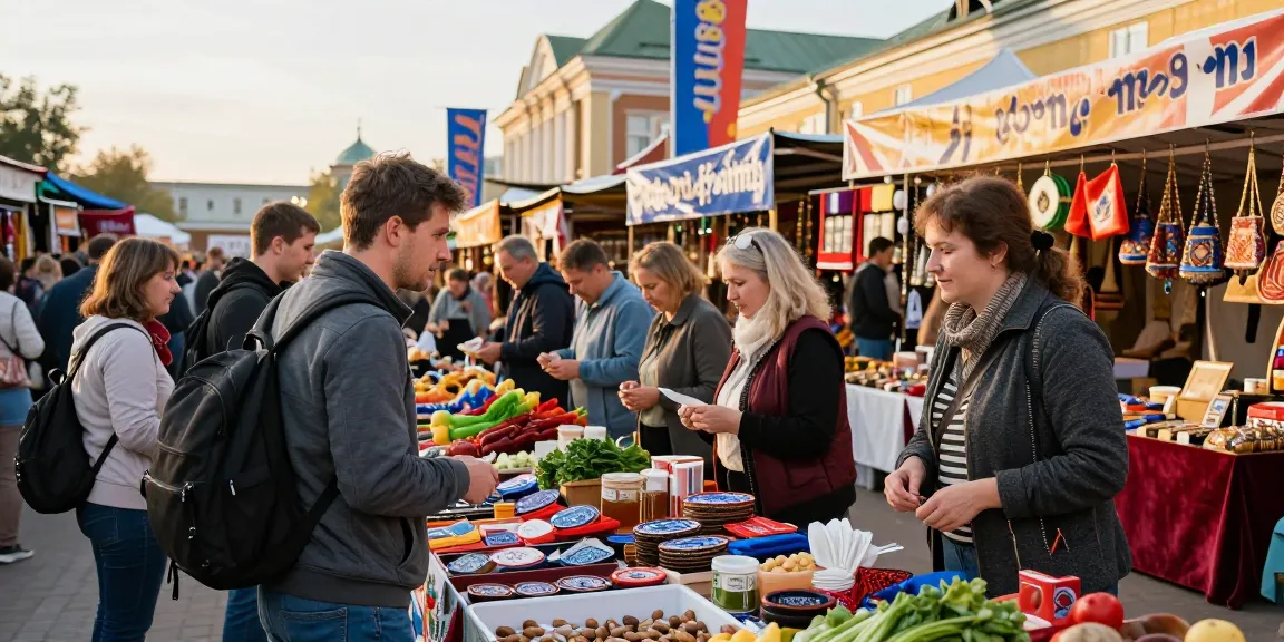 Explorador en un mercado ruso usando https://payinrussia.com/ para realizar compras culturales con vendedores locales.