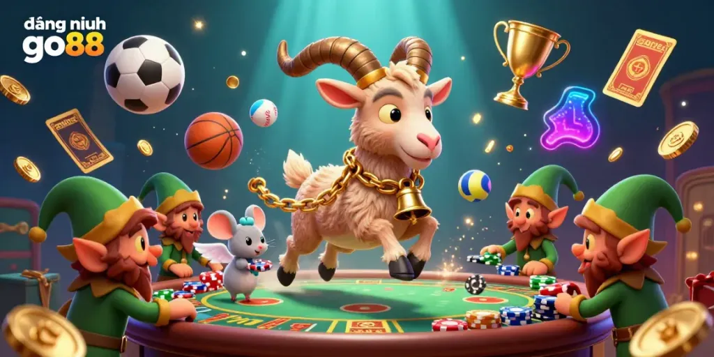 Join the festive fun and excitement with đăng nhập go88 in this lively casino illustration featuring a whimsical Krampus, orderly angel mouse, and playful elf gremlins.