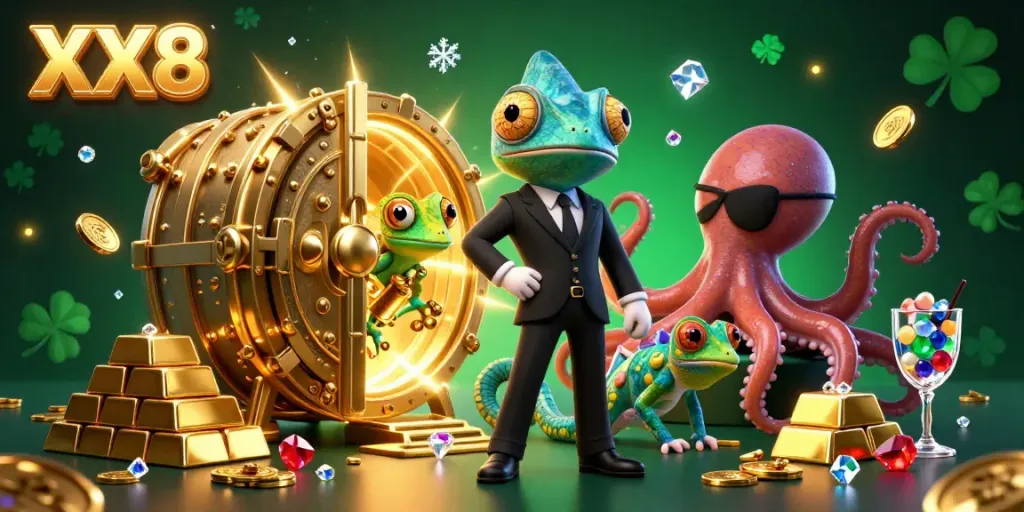 Experience the excitement at XX8 with a vibrant 3D casino scene featuring a secret agent chameleon, a gadget-rich gecko, and a cunning octopus.