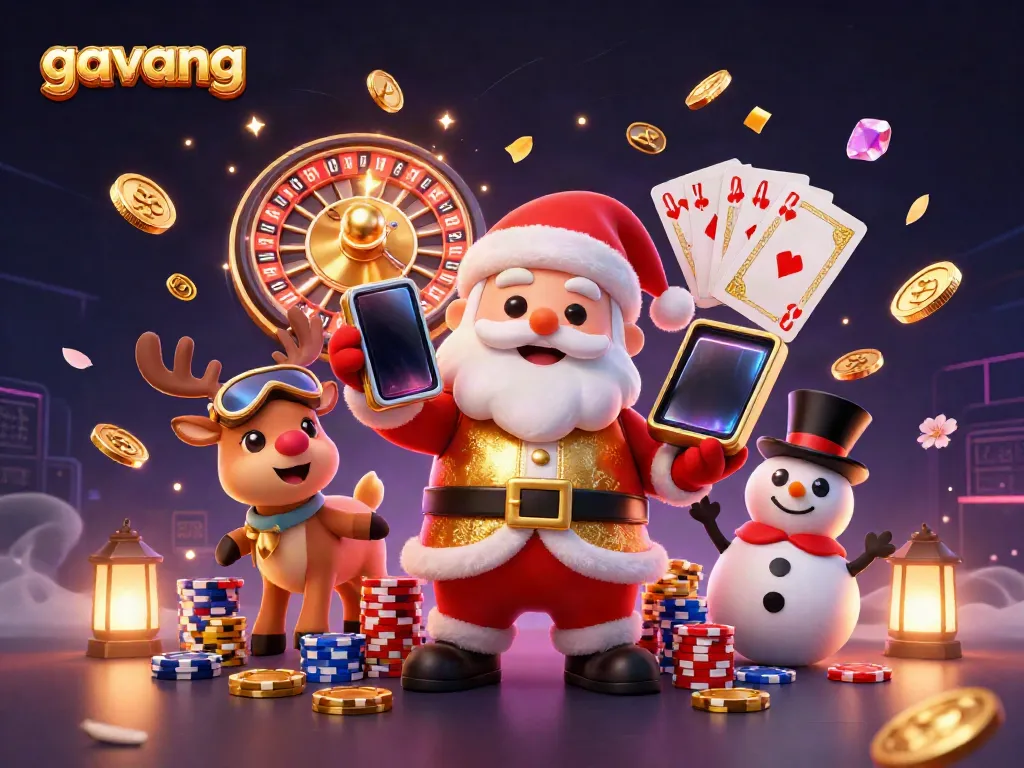 Experience the thrill of gambling with Gavang in a vibrant casino scene featuring Santa and friends.