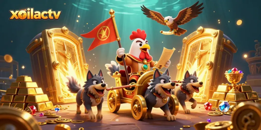 Xoilactv rooster warlord dominates a vibrant 3D illustration scene filled with gems, gold, and treasure.