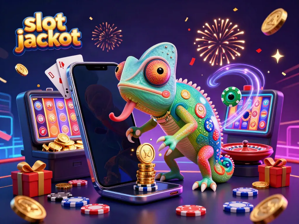 Engaging scene depicting a vibrant chameleon casino owner snapping up coins amidst slot game splendor, highlighting slot jackpot excitement.