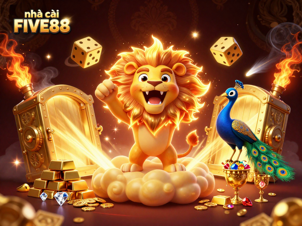 Engage with the nhà cái FIVE88 scene showcasing vibrant casino elements, golden treasures, and thrilling action.