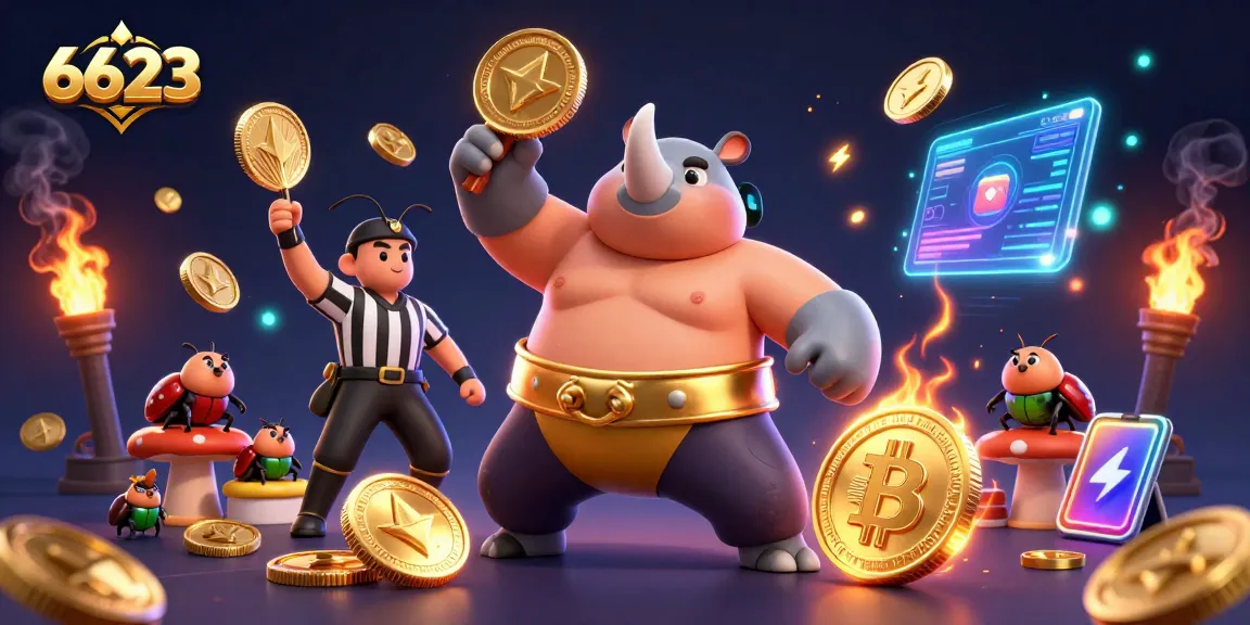 Experience thrilling gameplay with 6623 as a sumo champion beetle stomps for coins in a vibrant casino.