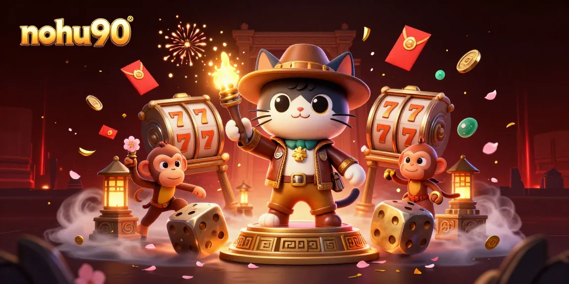 Engage with thrilling gameplay at nohu90 as a cartoon explorer cat finds golden casino artifacts in an animated temple.