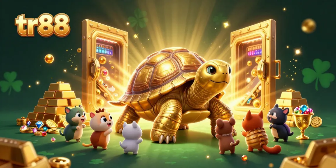 Play exciting games at tr88, where a giant tortoise pinball machine entertains eager players amidst treasure.
